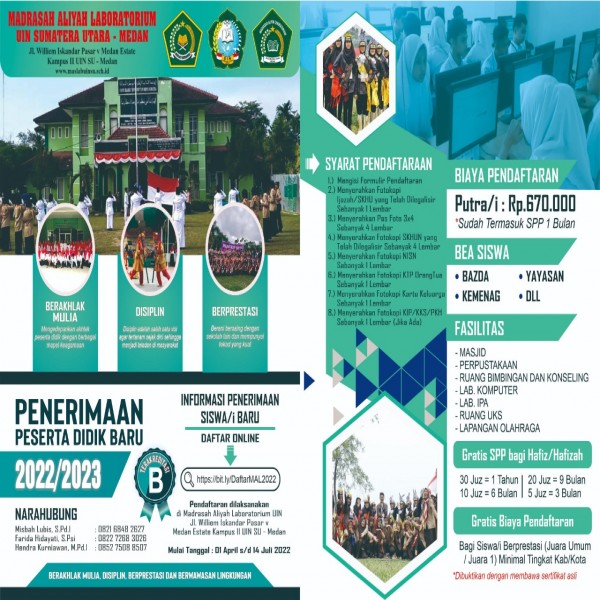 INFORMASI PENDAFTARAN PESERTA DIDIK BARU (PPDB) MADRASAH ALIYAH LABORATORIUM UIN SU MEDAN TAHUN PELAJARAN 2022/2023