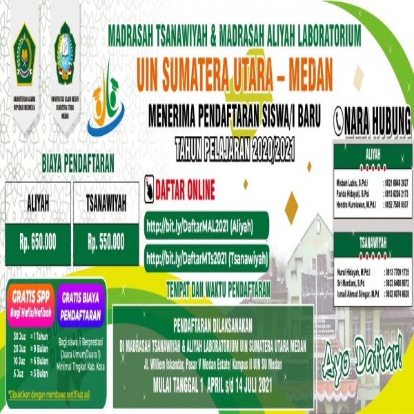 MA Laboratorium UIN SU Medan, Buka Pendaftaran Peserta Didik Baru TP. 2021/2022